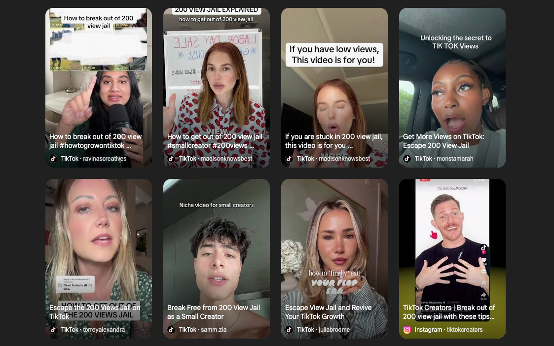 TikTok analytics dashboard showing low view counts and engagement metrics illustrating the 200 views prison phenomenon that affects many new business accounts trying to grow organically
